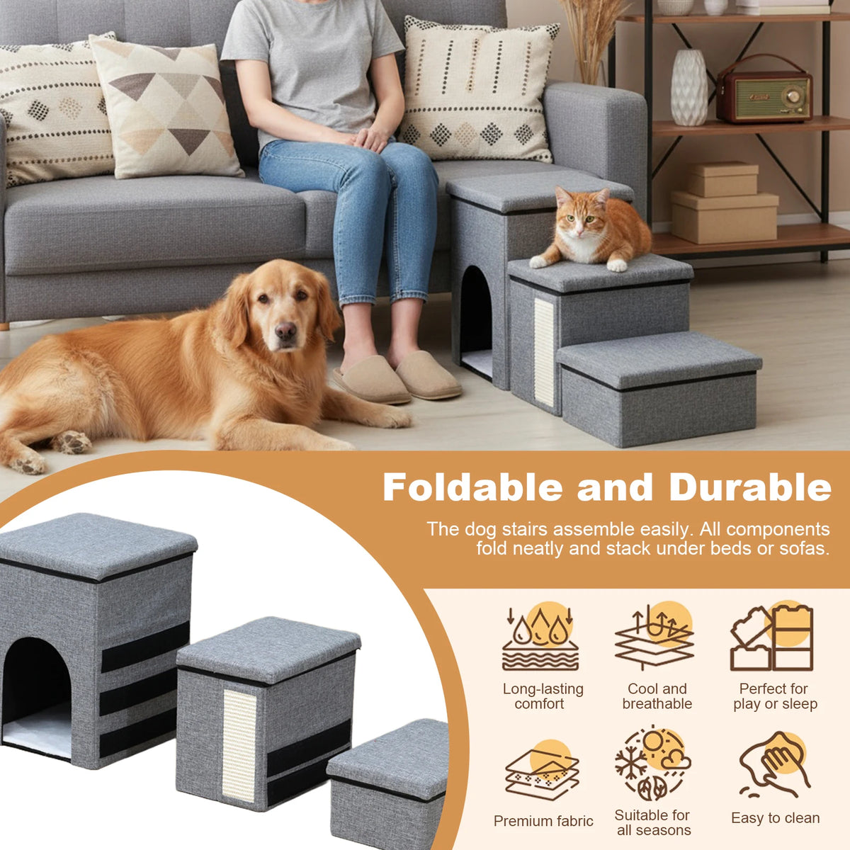 Multi Functional 3 Level Pet Stairs Cat Bed Storage Box