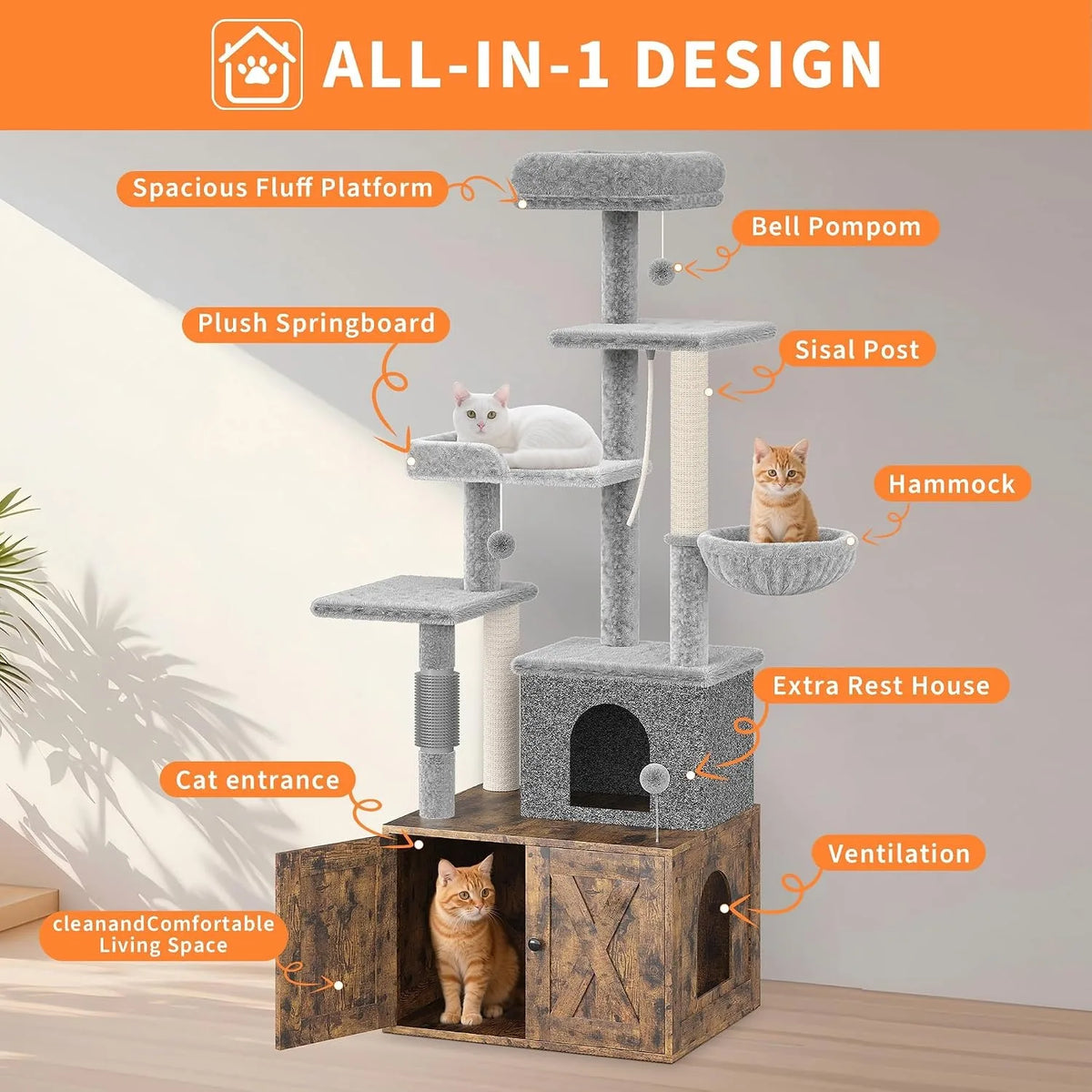 Modern Cat Tree Featuring Integrated Litter Box And Play Platforms