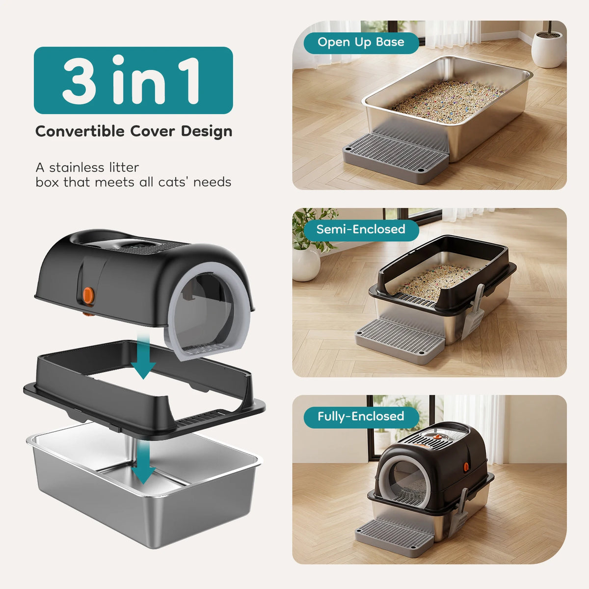 Stainless Steel Fully Enclosed Cat Litter Box Scoop And Mat