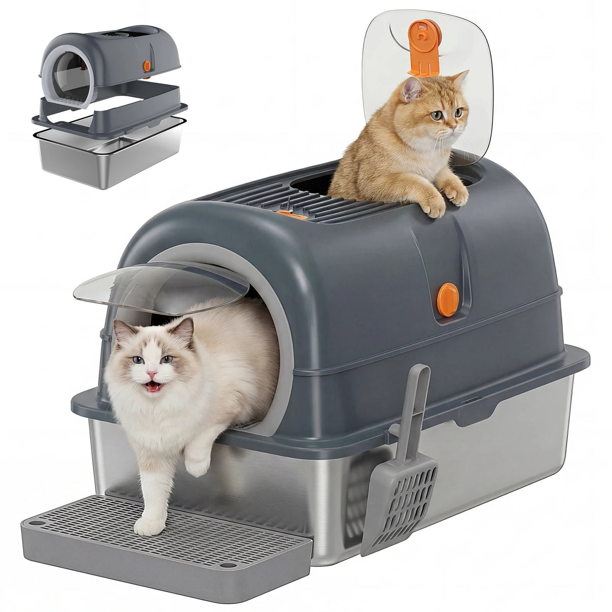 Stainless Steel Fully Enclosed Cat Litter Box Scoop And Mat