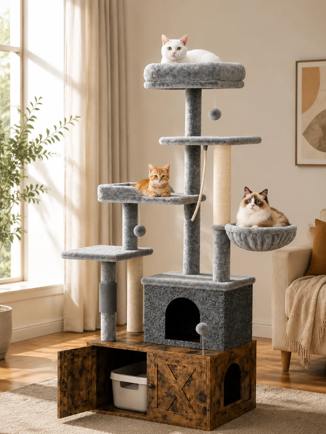 Modern Cat Tree Featuring Integrated Litter Box And Play Platforms