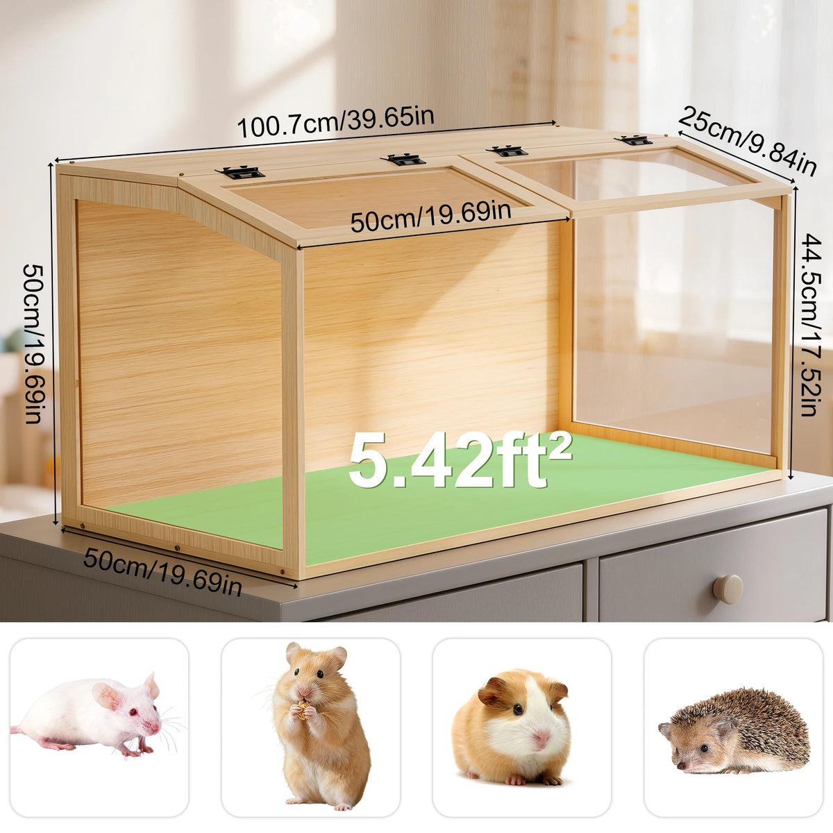 Chew Proof Wooden Hamster Cage With Glass And Led Lighting