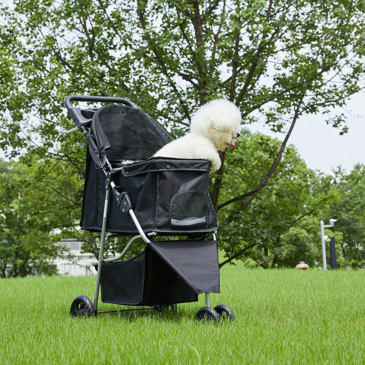 Foldable Three Wheel Pet Stroller For Small Dogs With Basket