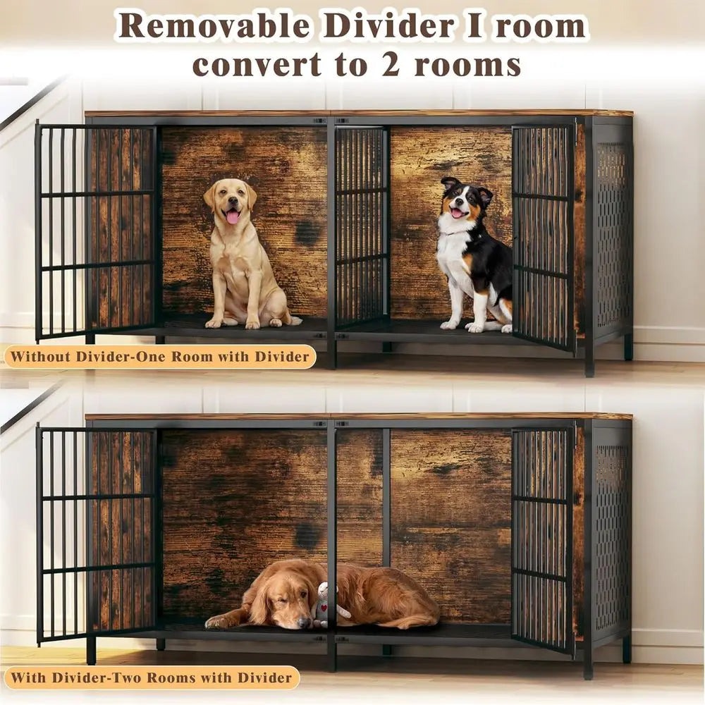 Sturdy Metal And Wood Double Dog Kennel For Indoors