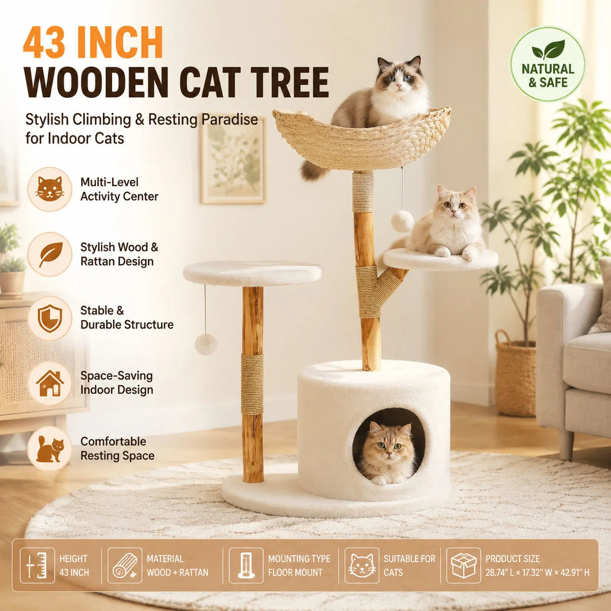 HOSSLLY Wooden Rattan Cat Tree Tower Multi Level Climbing Perches