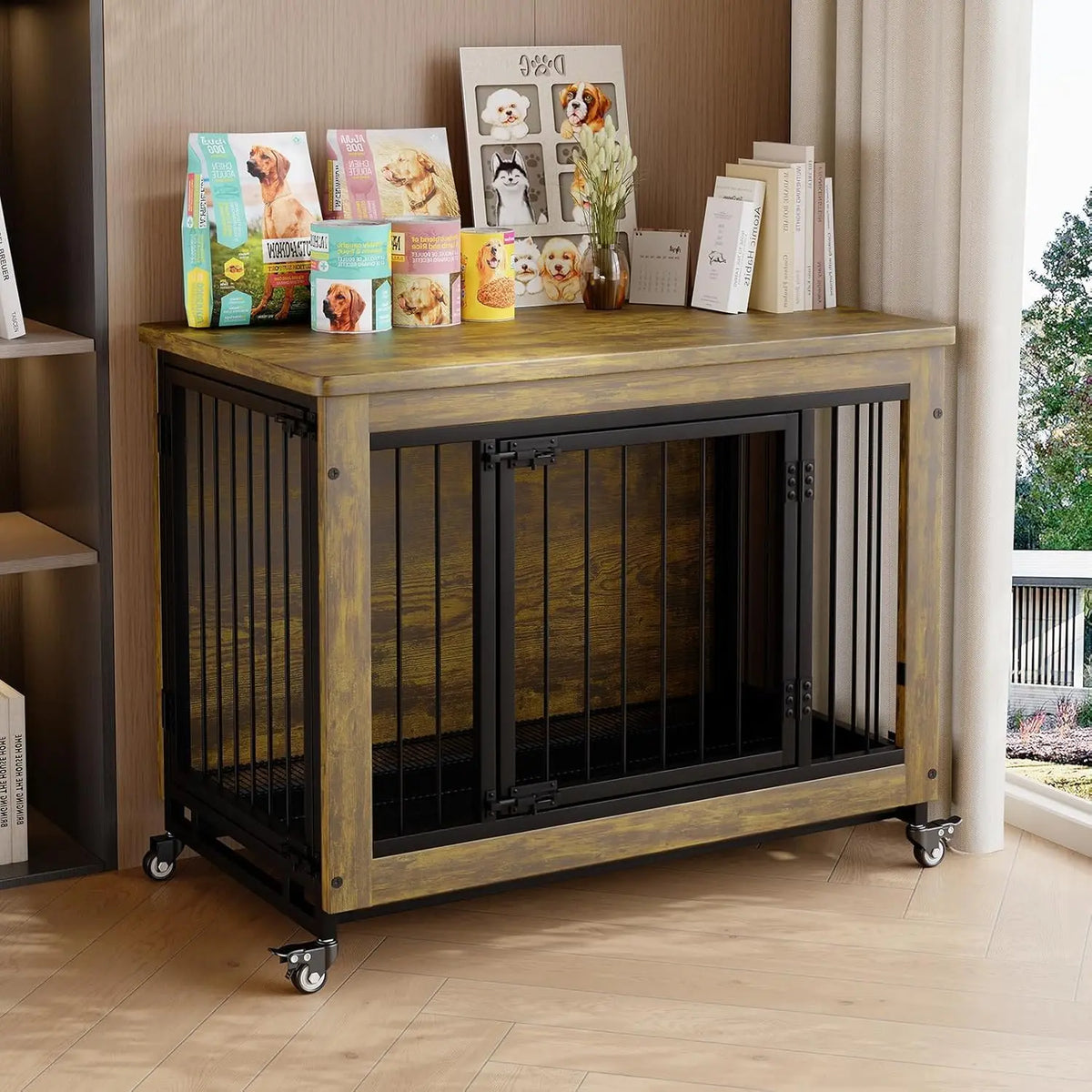 ANIXOL Wooden Dog Crate Furniture With Removable Tray Divider