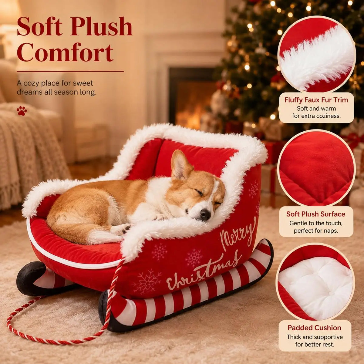 Christmas Sleigh Dog Bed with Raised Sides and Plush Comfort