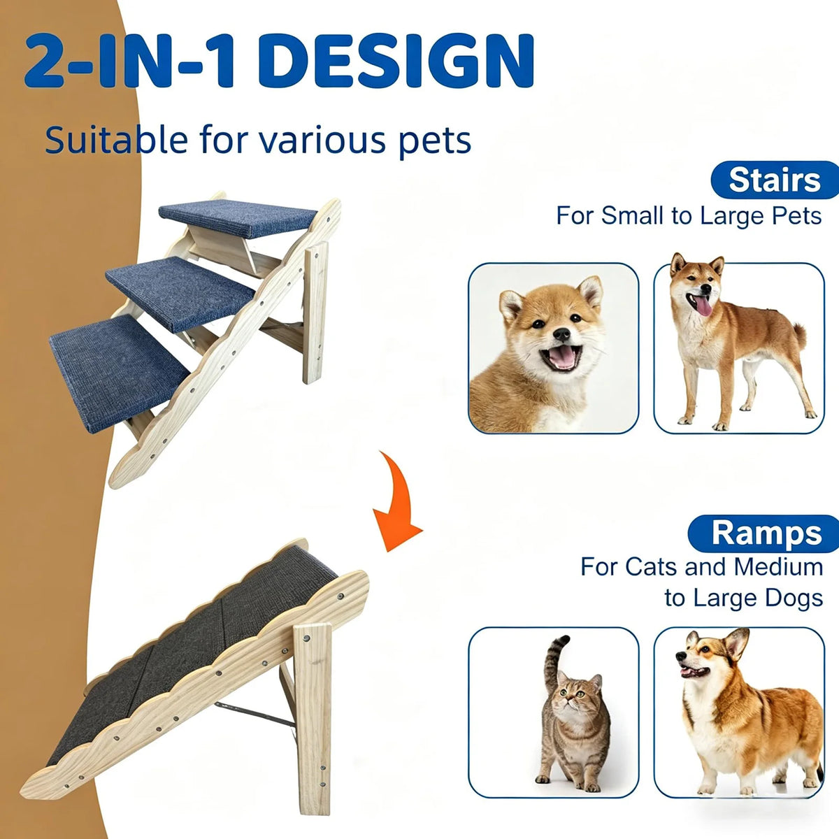HiMISS Wooden 2In1 Pet Stairs And Folding Dog Ramp