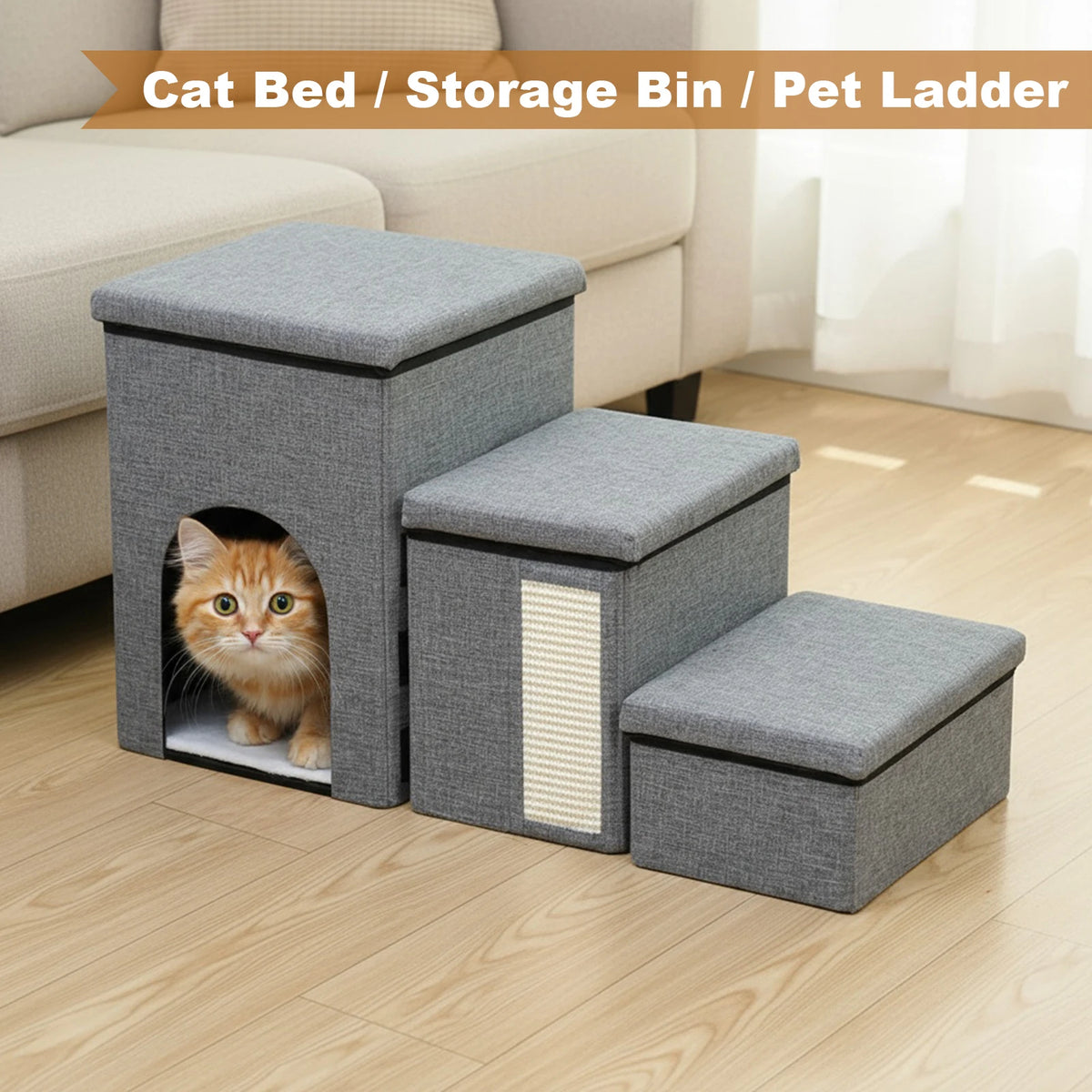 Multi Functional 3 Level Pet Stairs Cat Bed Storage Box