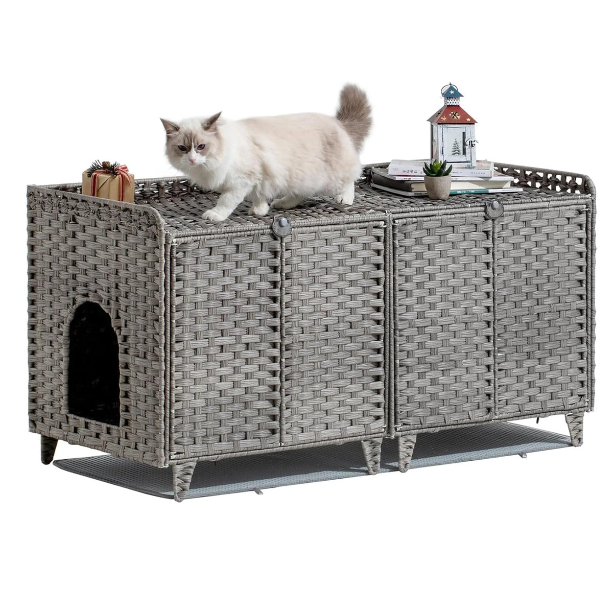 HiMISS Rattan Litter Box Enclosure, Hidden Furniture for Two Cats