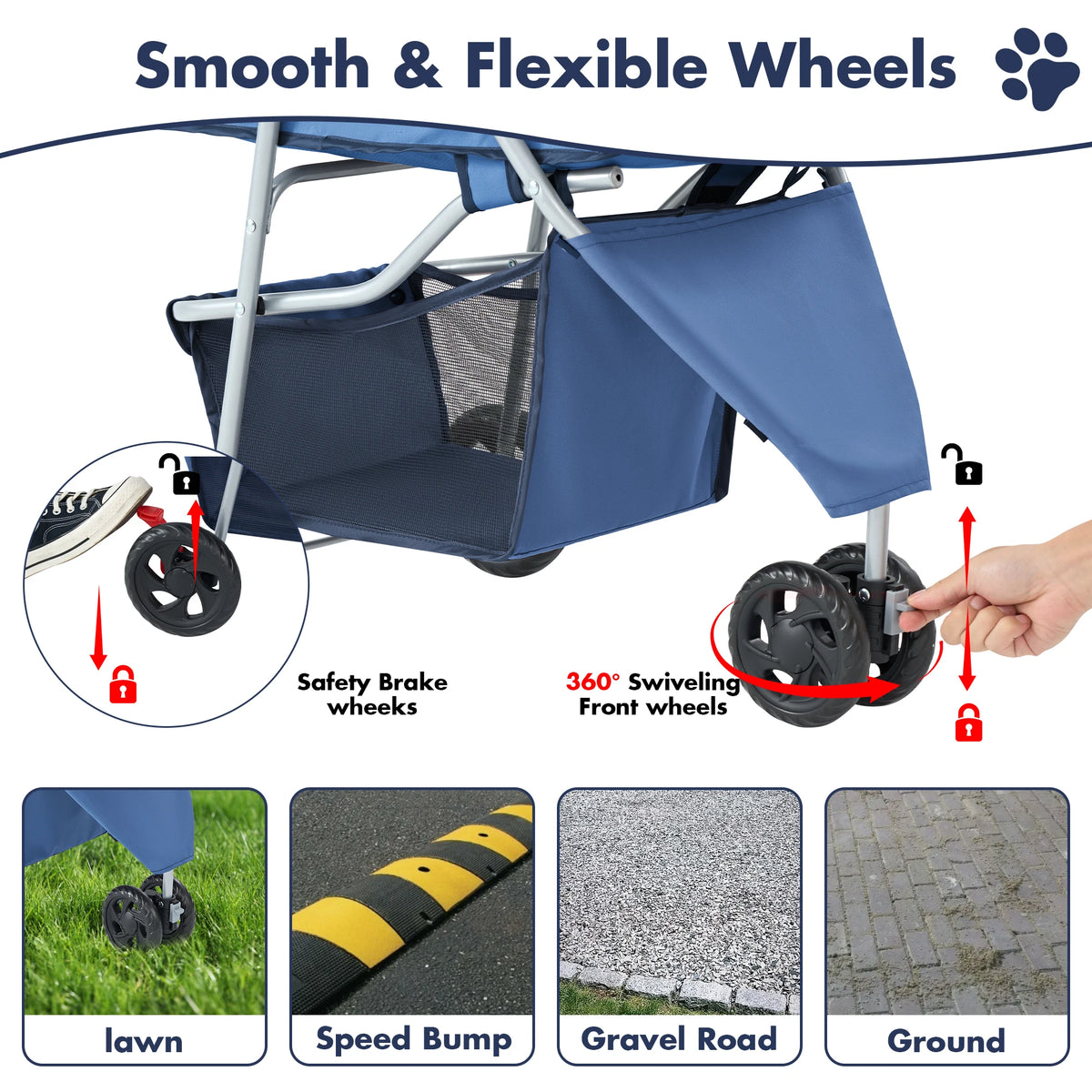 Foldable Three Wheel Pet Stroller For Small Dogs With Basket
