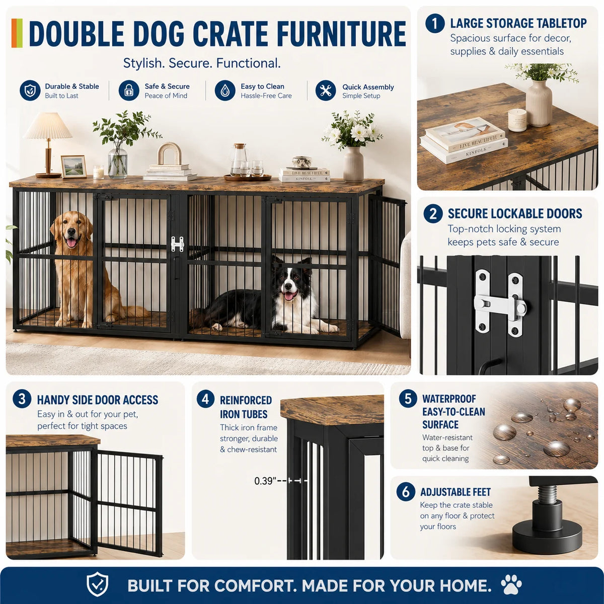 Wooden Indoor Dog Crate Cabinet With Divider And Storage