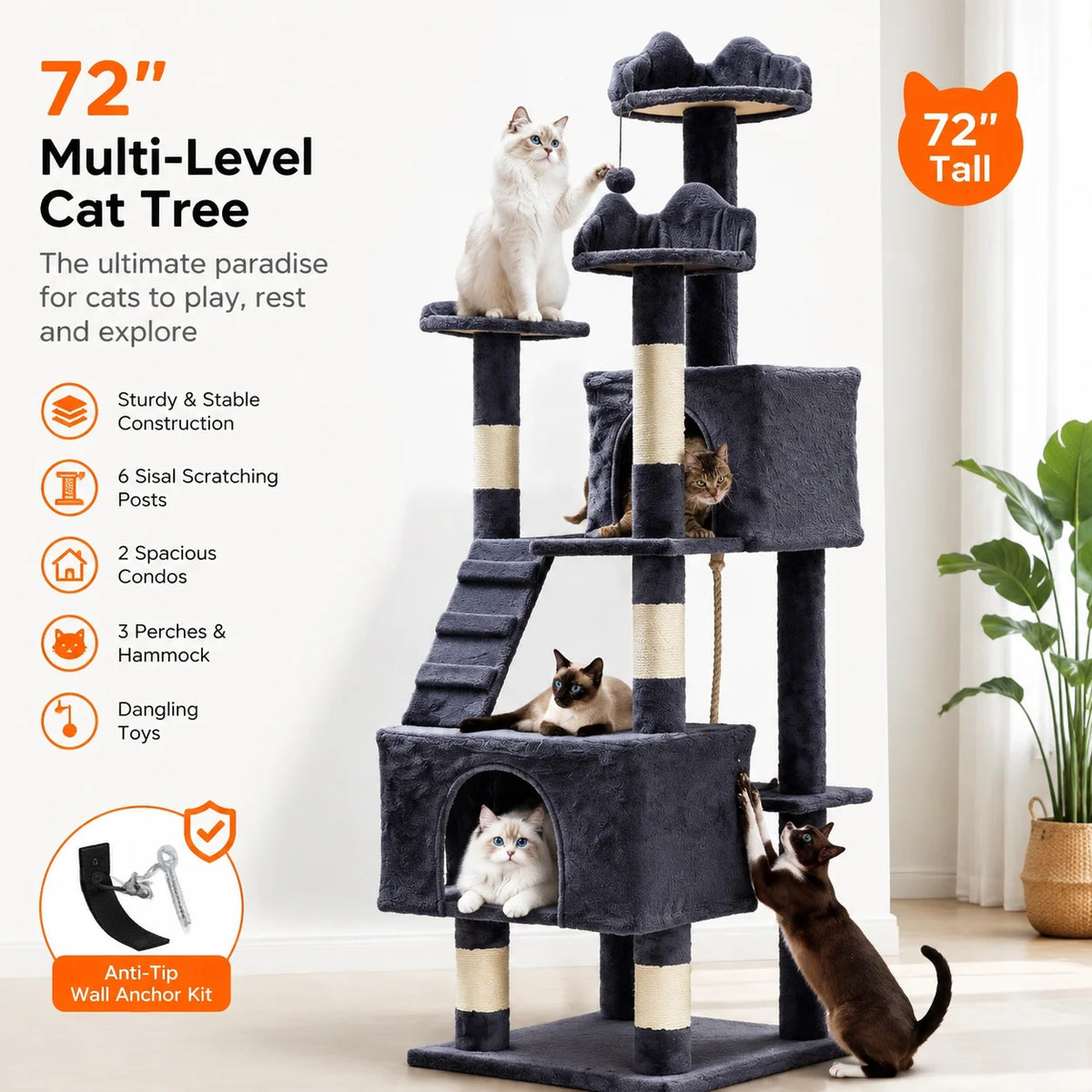Cat Tree Tower with Sisal Scratching Posts, Condos and Perches