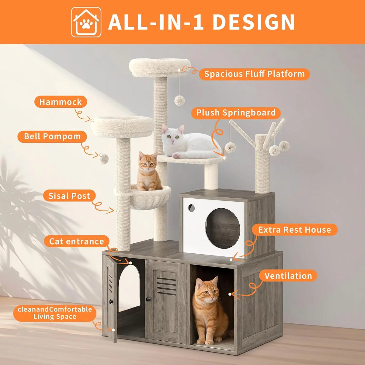 Garvee Multifunctional Cat Litter Cabinet With Integrated Cat Tree