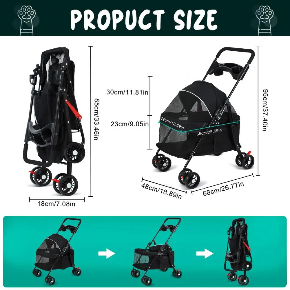Foldable Pet Stroller With Breathable Mesh Panel For Convenient Travel