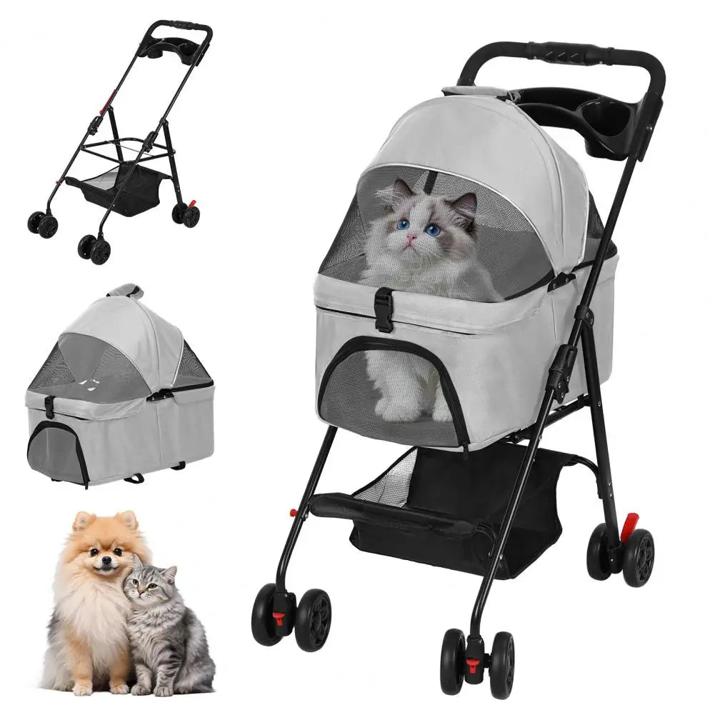 Four Wheeled Foldable Pet Stroller With Carrier Storage Basket