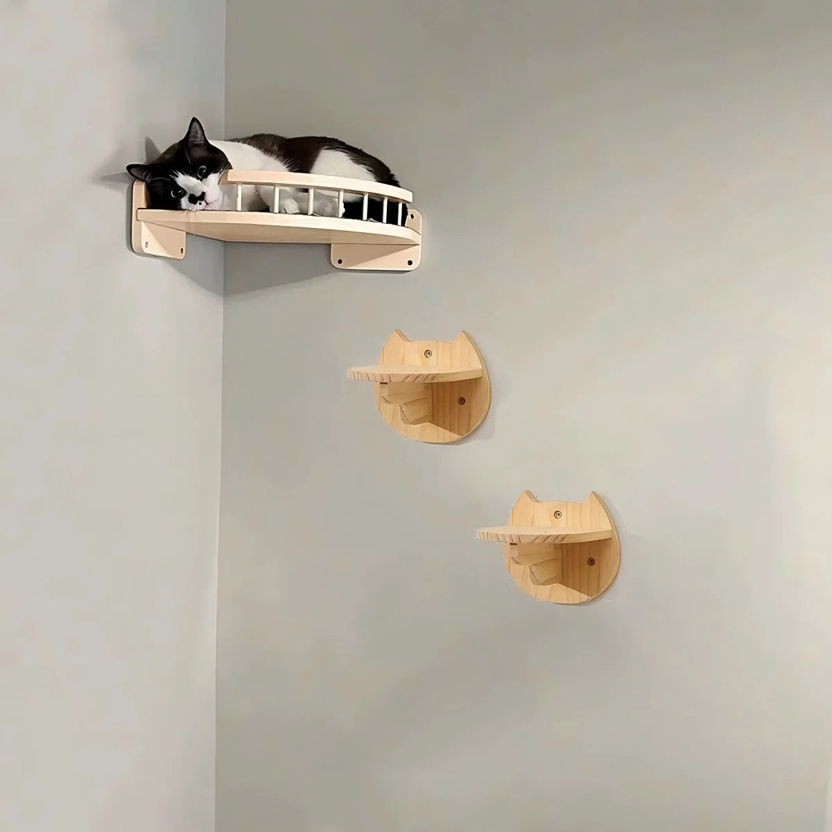 CWV Pine Wood Wall Mounted Indoor Cat Climbing Tree Shelf