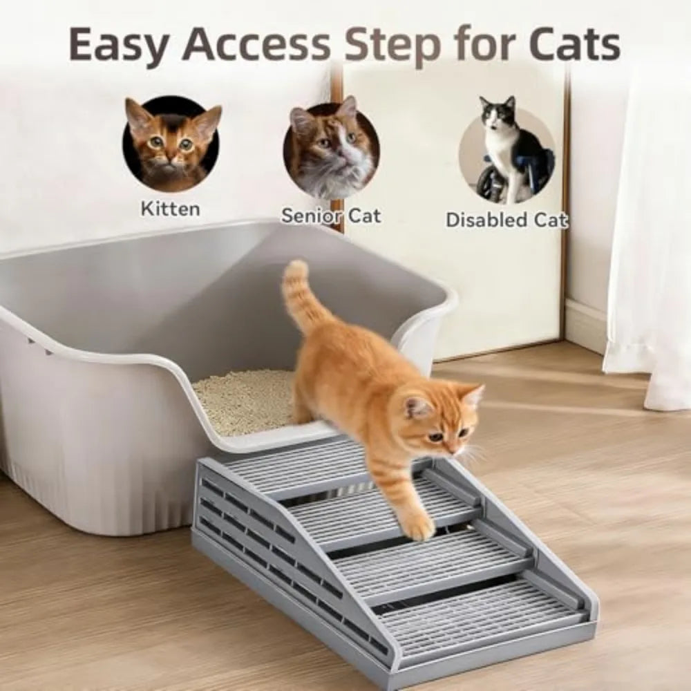 Adjustable Cat Litter Box Ramp with Filter and Clean Steps