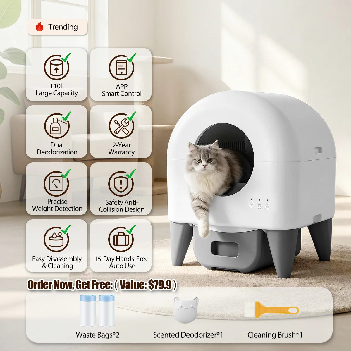 Automatic Self Cleaning Cat Litter Box With Smart App Monitoring