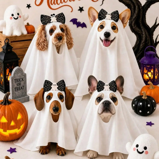 Funny Dog Halloween Ghost Costume With Bow Accessory For Pets
