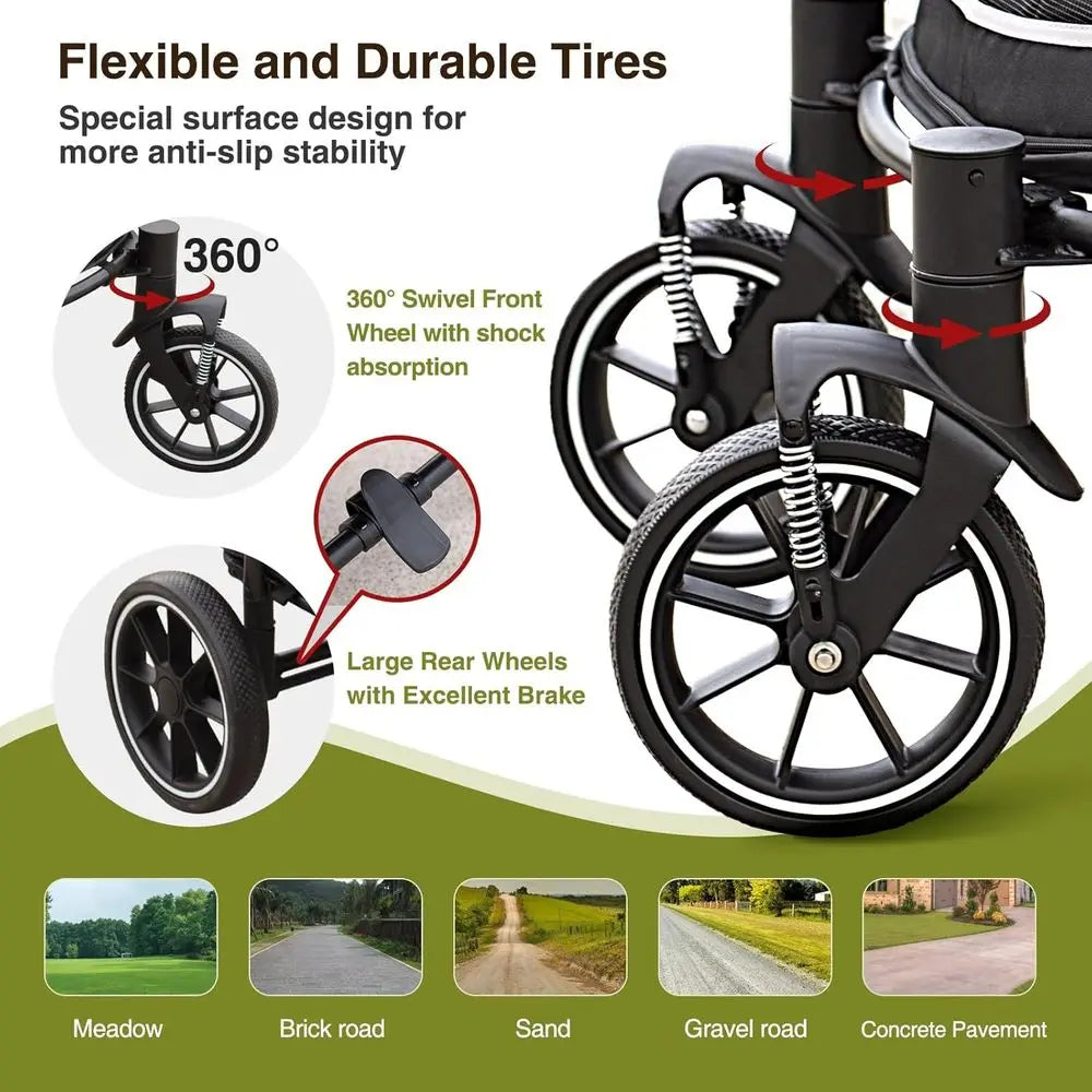 Foldable Pet Stroller With Storage Basket And Shock Absorption For Dogs