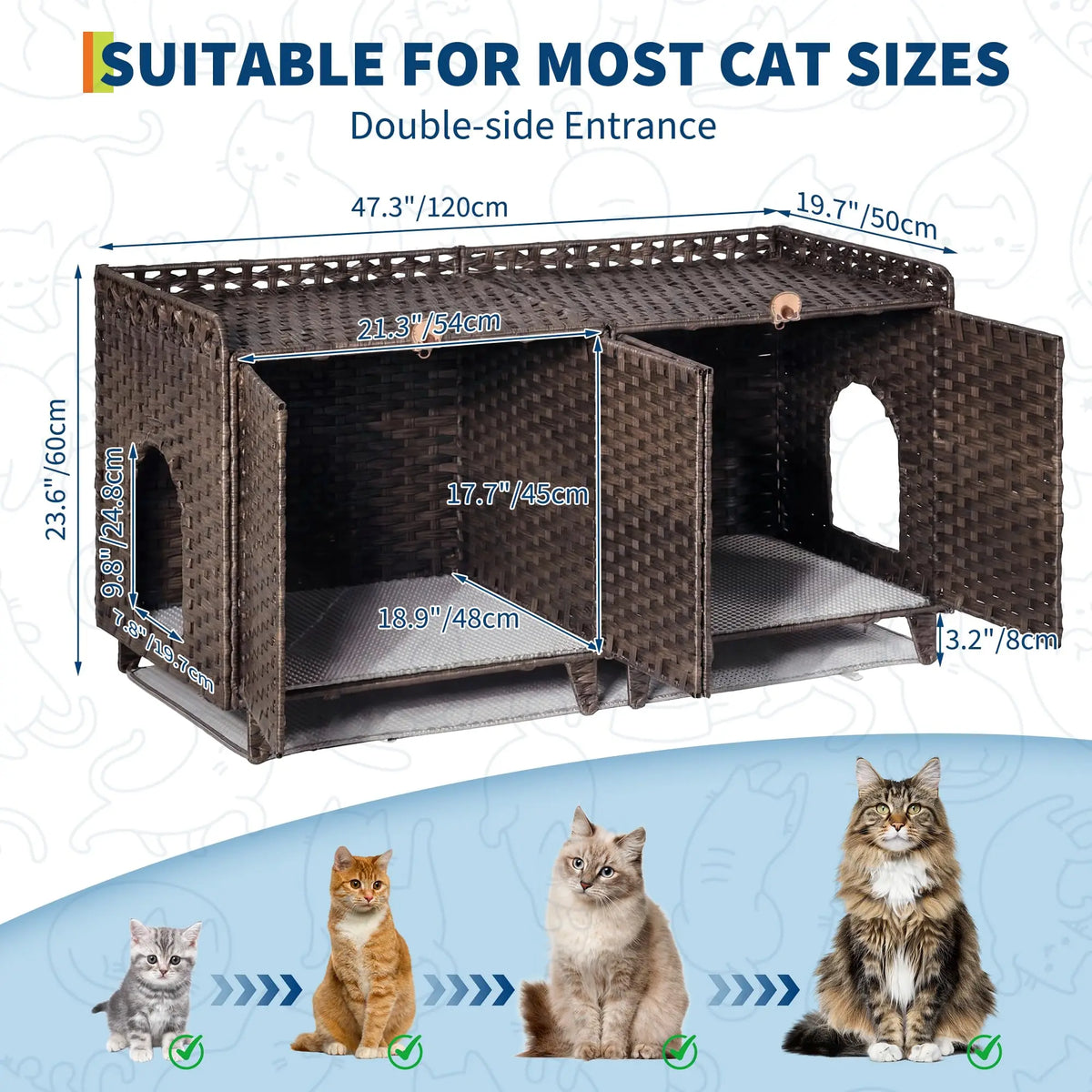 HiMISS Rattan Litter Box Enclosure, Hidden Furniture for Two Cats