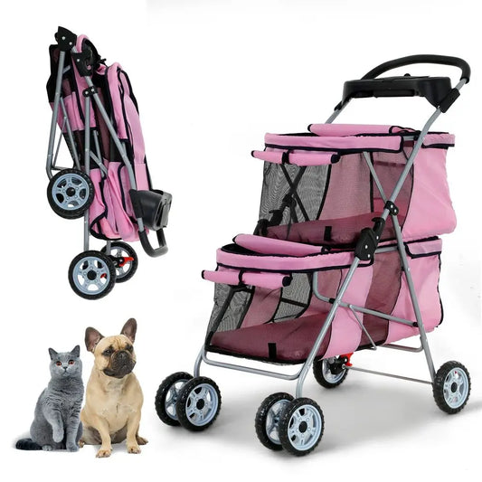 Versatile Double Pet Stroller With Folding Frame And Cup Holder