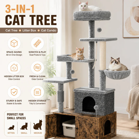 Modern Cat Tree Featuring Integrated Litter Box And Play Platforms