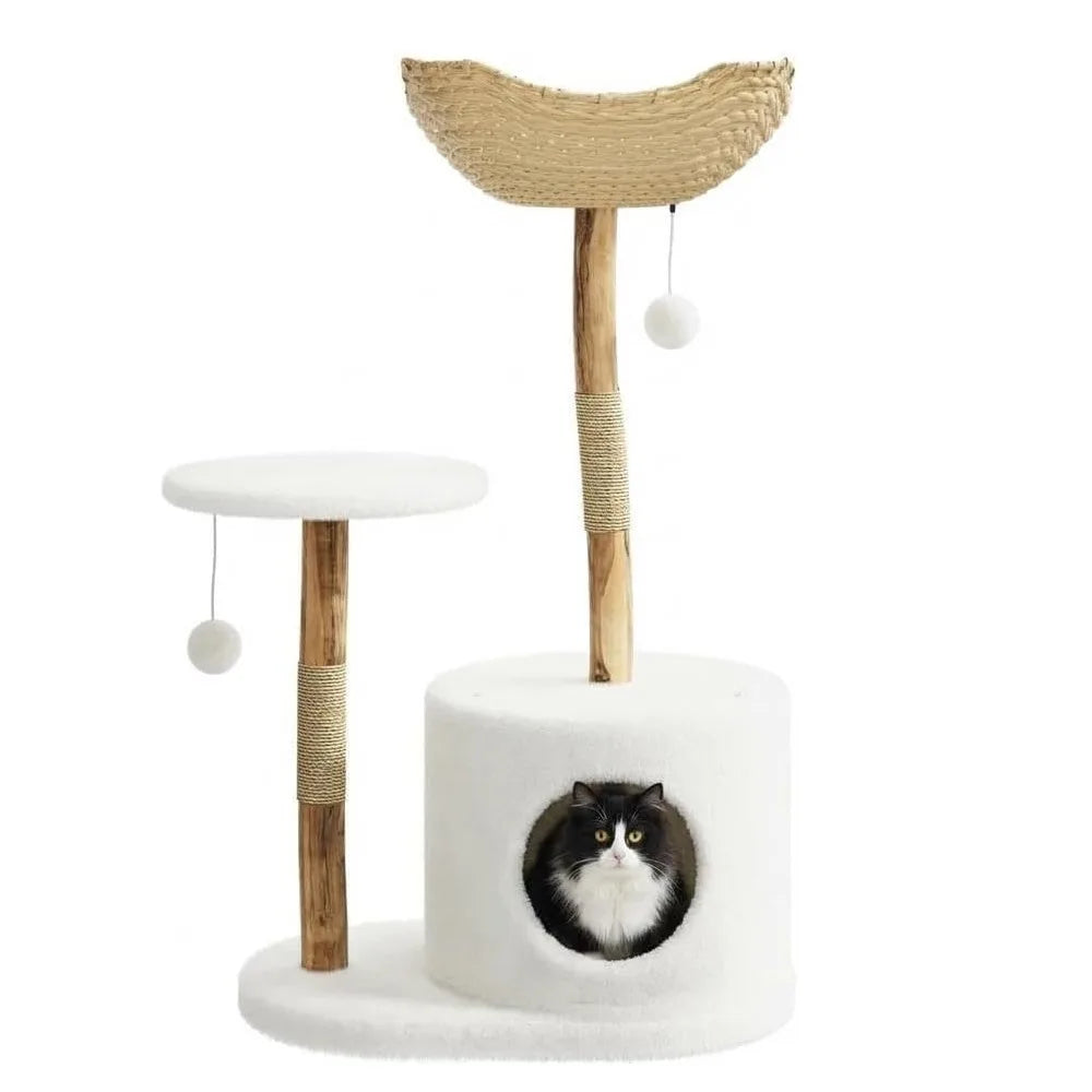 HOSSLLY Wooden Rattan Cat Tree Tower Multi Level Climbing Perches