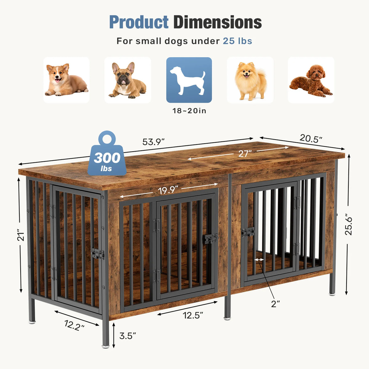 JHK Double Door Wooden Dog Kennel With Divider For Home