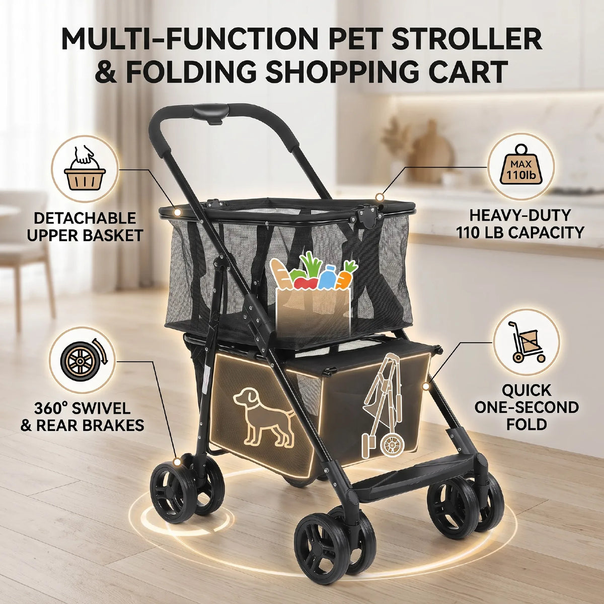 Heavy Duty Foldable Pet Stroller And Shopping Cart With Brakes