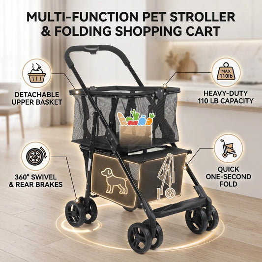 Heavy Duty Foldable Pet Stroller And Shopping Cart With Brakes