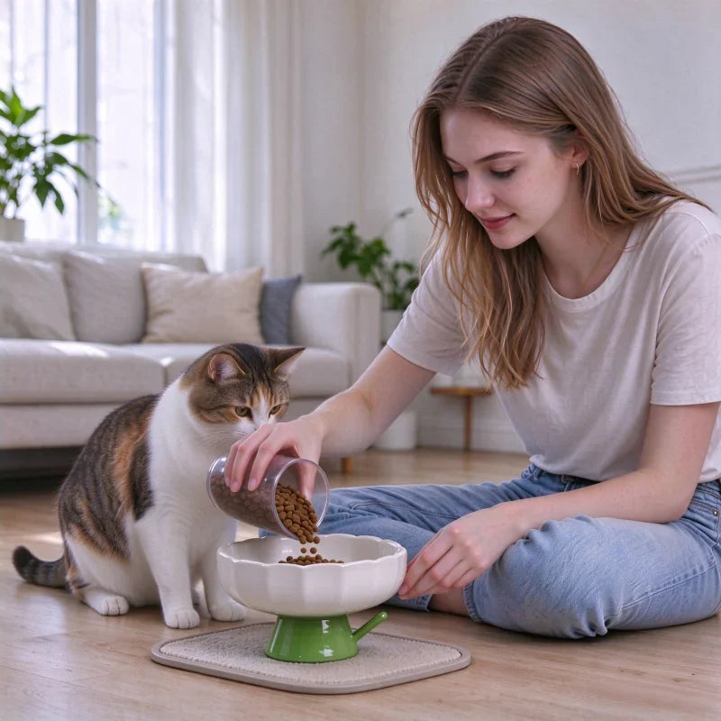 Elevated Ceramic Cat Bowl With Slanted Rim And Glossy Finish