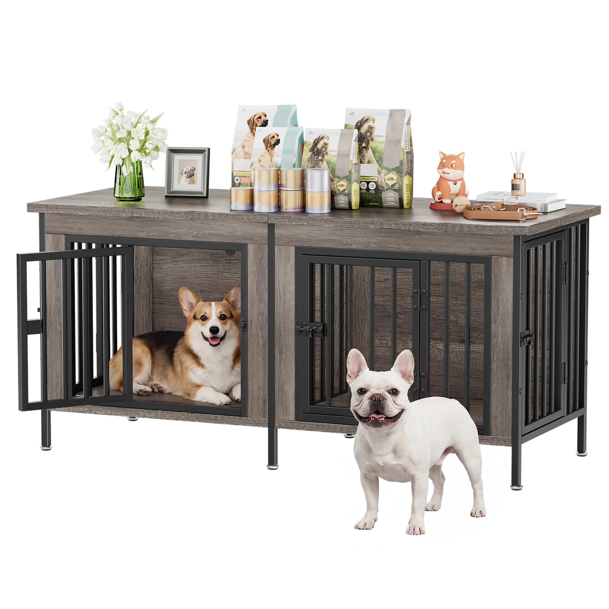 JHK Double Door Wooden Dog Kennel With Divider For Home