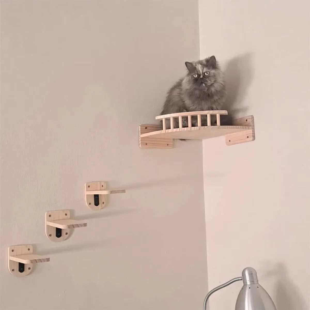 CWV Pine Wood Wall Mounted Indoor Cat Climbing Tree Shelf