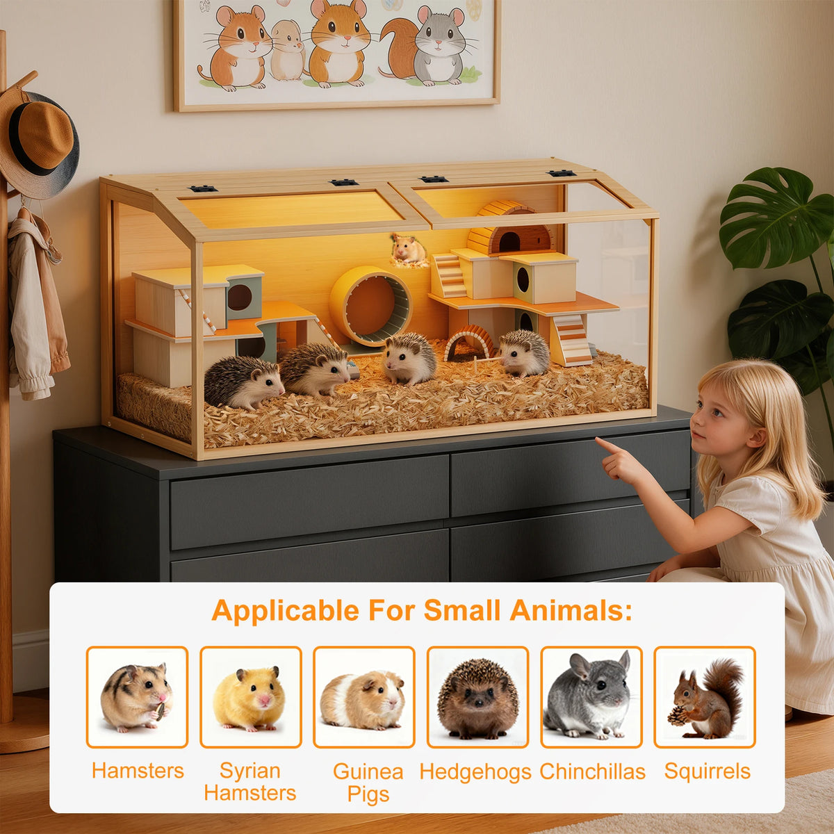 Chew Proof Wooden Hamster Cage With Glass And Led Lighting