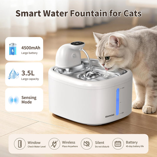 Automatic Wireless Cat Fountain With Motion Sensor And Stainless Tray