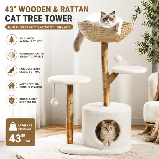 Wooden Cat Tree Tower With Rattan Perches And Activity Center