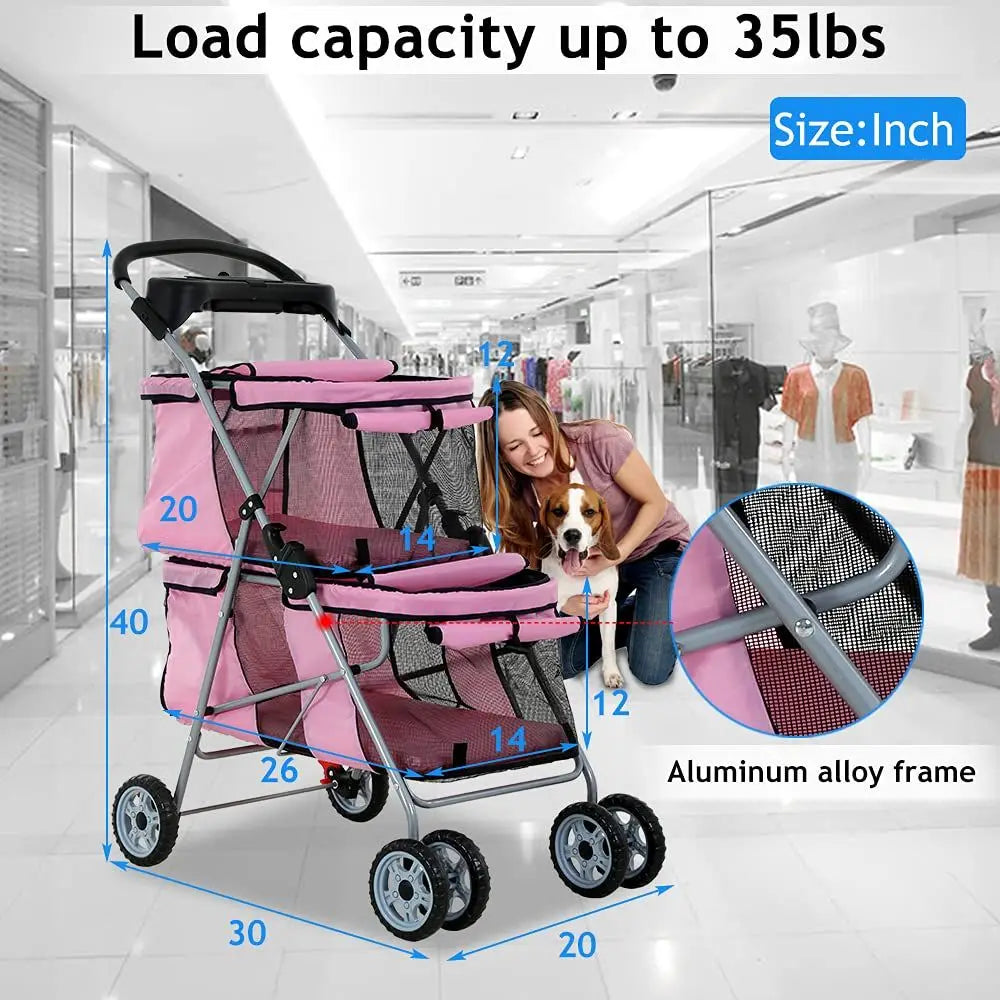 Versatile Double Pet Stroller With Folding Frame And Cup Holder