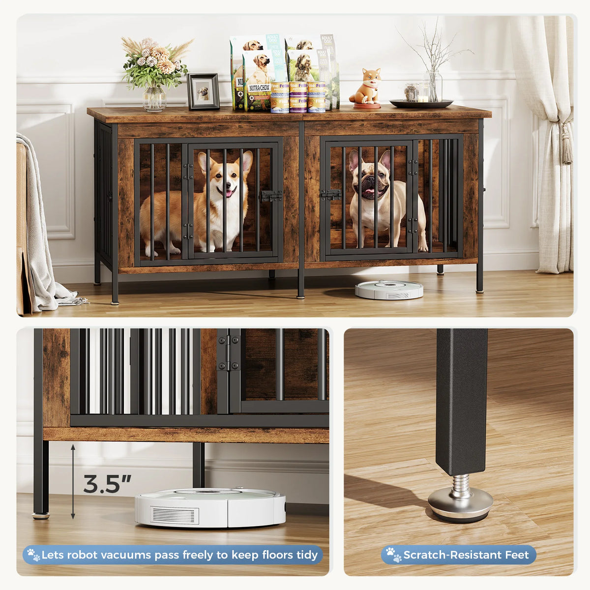 JHK Double Door Wooden Dog Kennel With Divider For Home