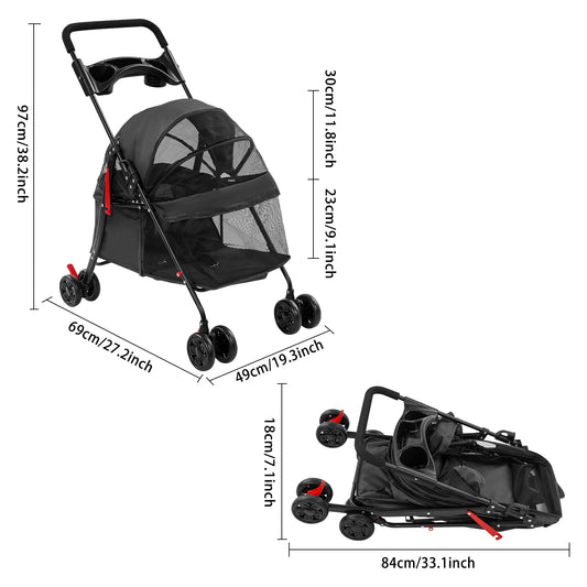 Foldable Pet Travel Stroller With Ventilated Mesh And Cup Holder
