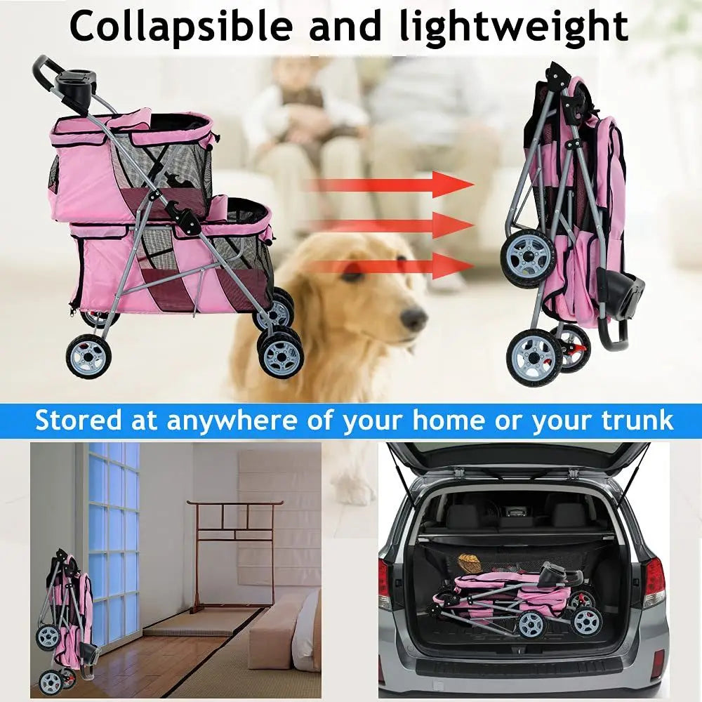Versatile Double Pet Stroller With Folding Frame And Cup Holder
