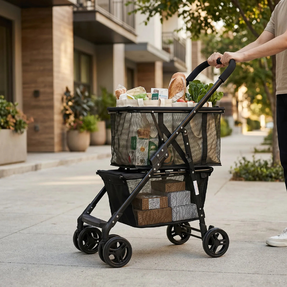 Heavy Duty Foldable Pet Stroller And Shopping Cart With Brakes