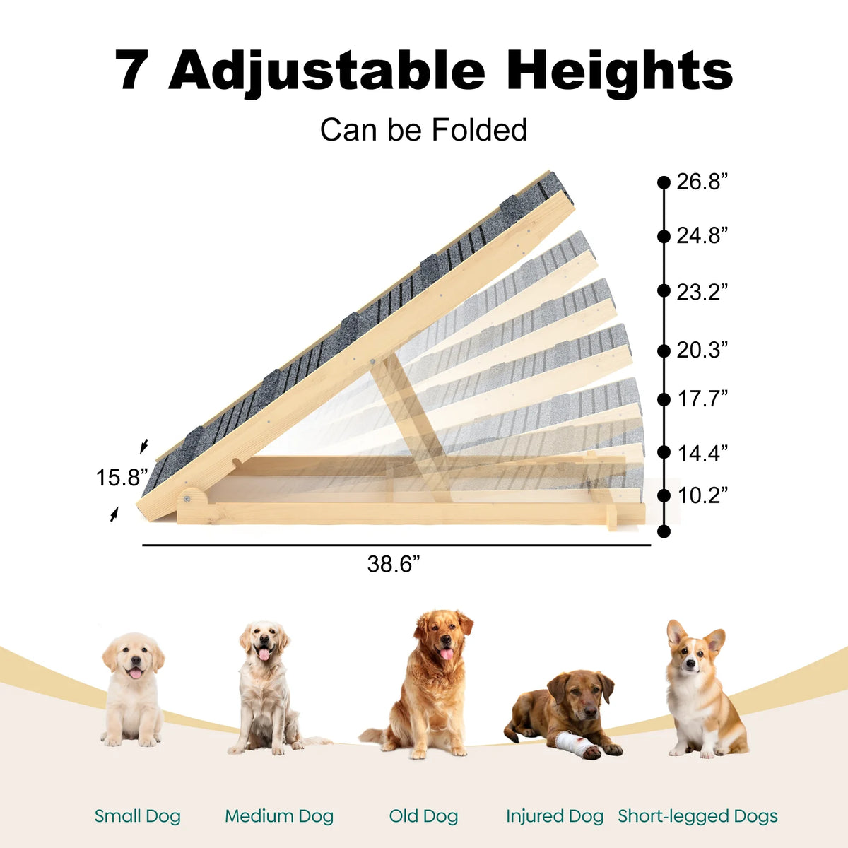 Evokeden Adjustable Wooden Folding Pet Ramp With Non Slip Surface