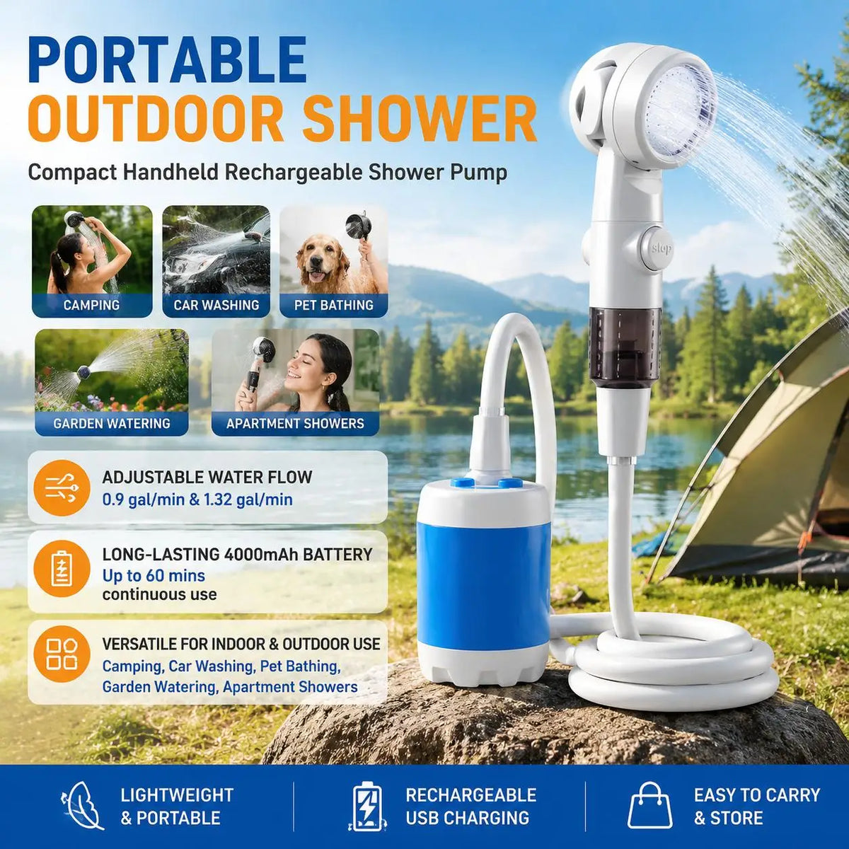 Rechargeable Handheld Shower Sprayer With Compact Pump