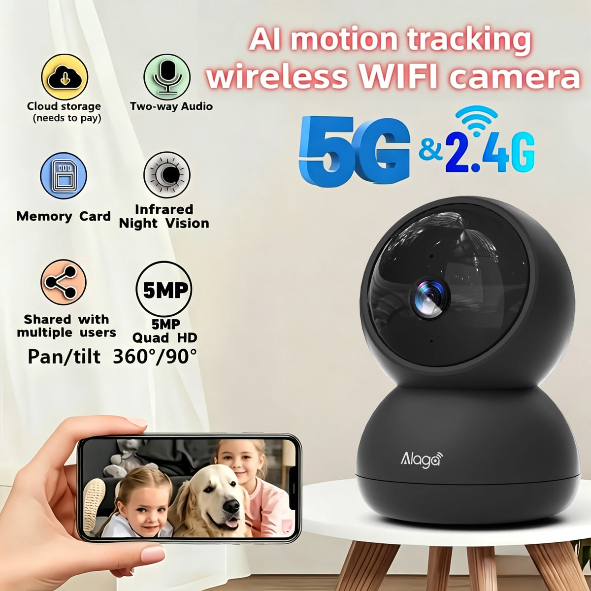 ALAGA Pet Camera With AI Tracking And Two Way Audio