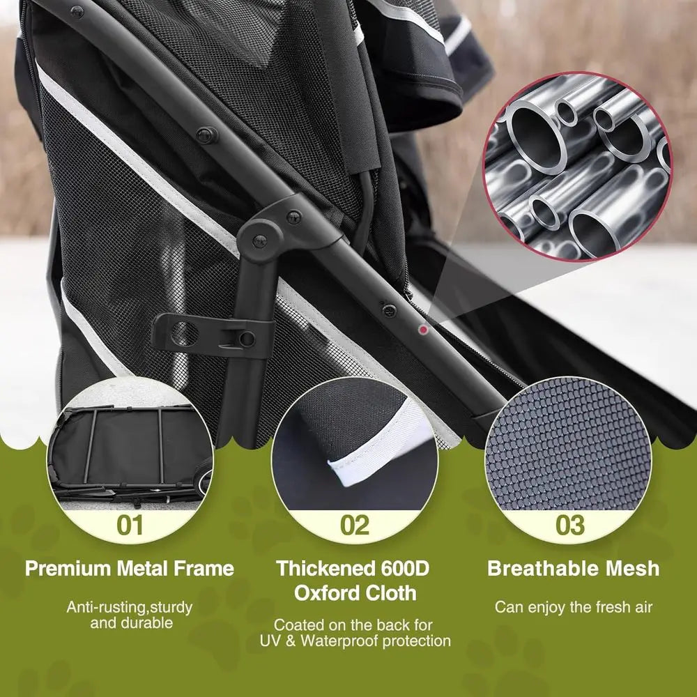 Foldable Pet Stroller With Storage Basket And Shock Absorption For Dogs