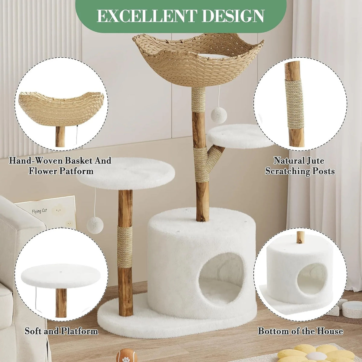 HOSSLLY Wooden Rattan Cat Tree Tower Multi Level Climbing Perches
