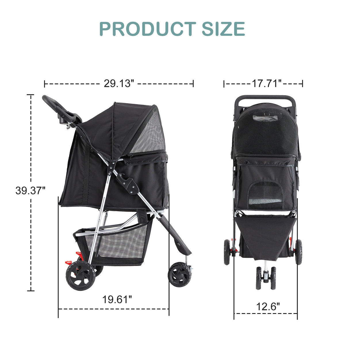 Foldable Three Wheel Pet Stroller For Small Dogs With Basket