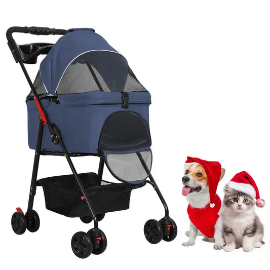 Four Wheeled Foldable Pet Stroller With Carrier Storage Basket
